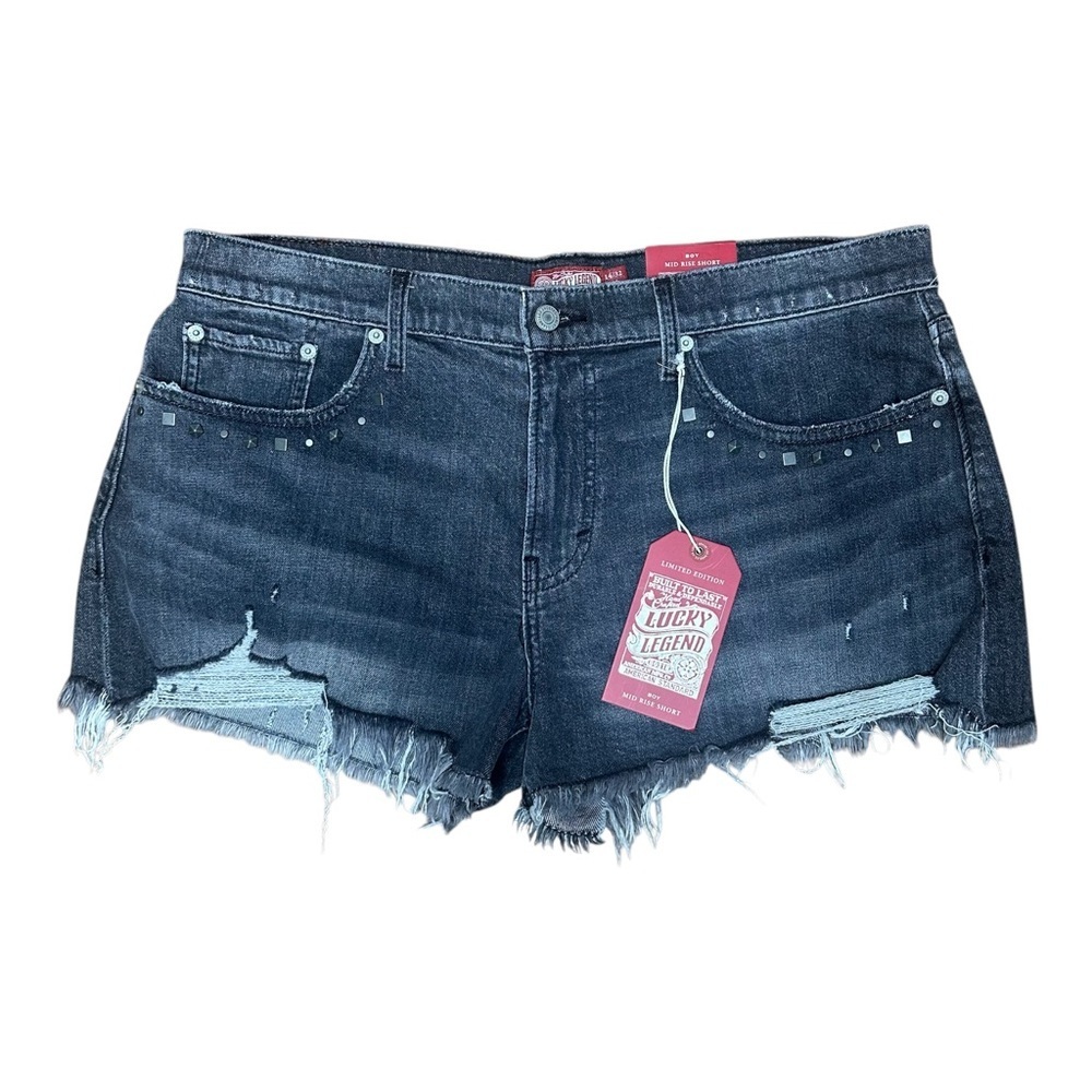 Lucky Brand Boy Mid Rise Black Washed Distressed Frayed Studded Short.  Sz:14/32